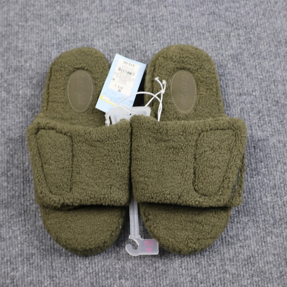 Cat & Jack Slippers Youth Size 2/3 Green Fuzzy Sherpa Slide Open Toe Hook Loop